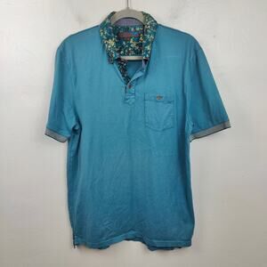 Ted Baker Polo Shirt Mens XXL 5‎ Floral Collar Teal Blue 100% Cotton Preppy